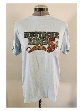 VTG Ched Sz S Mustache Rides Glitter Transfer Graphic Tee Baby Blue 80s